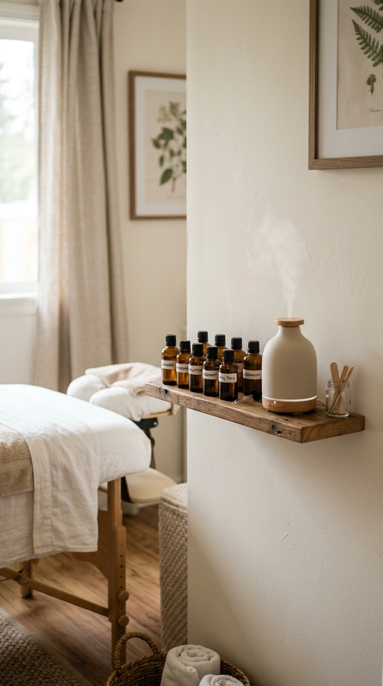 24 Dreamy Massage Room Ideas for Your Own Home Spa 5 004 Essential Oil Shelf A narrow floating shelf holdin