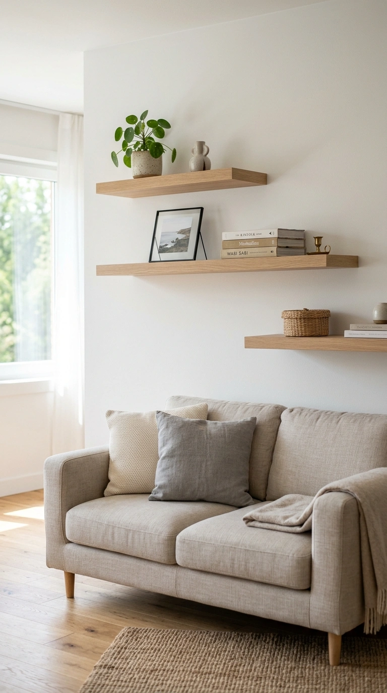 004 Floating Shelf Trio A living room with a neutral s