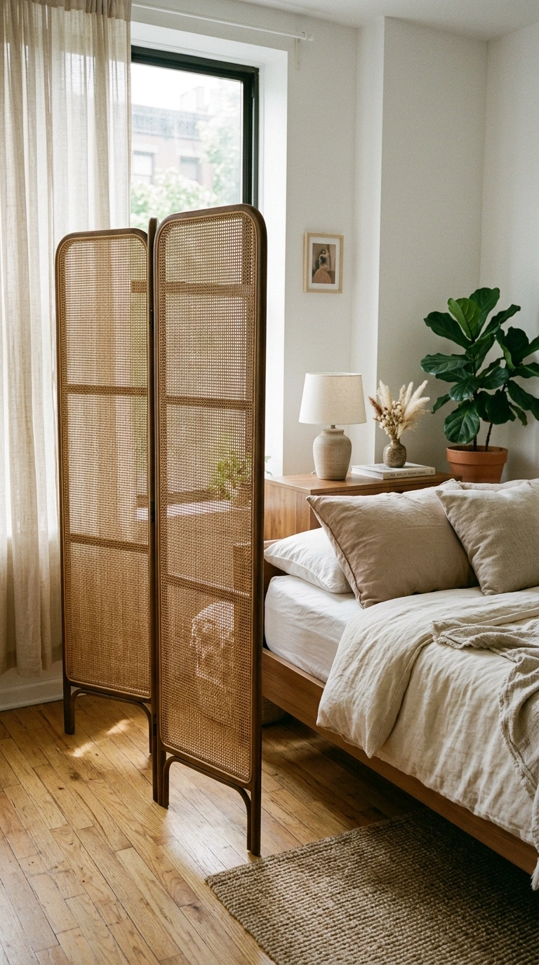 21 Smart Bedroom Divider Ideas for Stylish Studio Apartments 5 004 Folding Screen Panel A three panel rattan folding