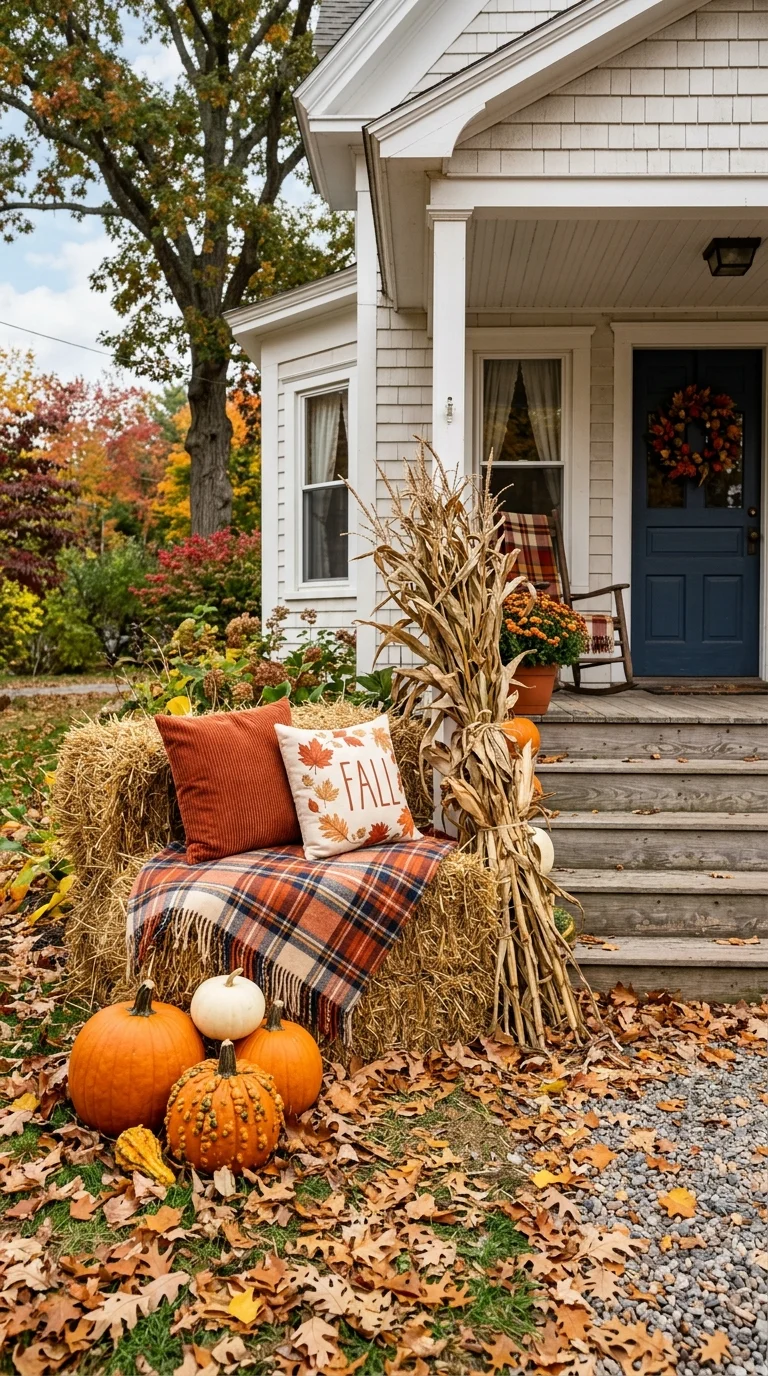004 Hay Bale Seating A front yard near porch steps wit