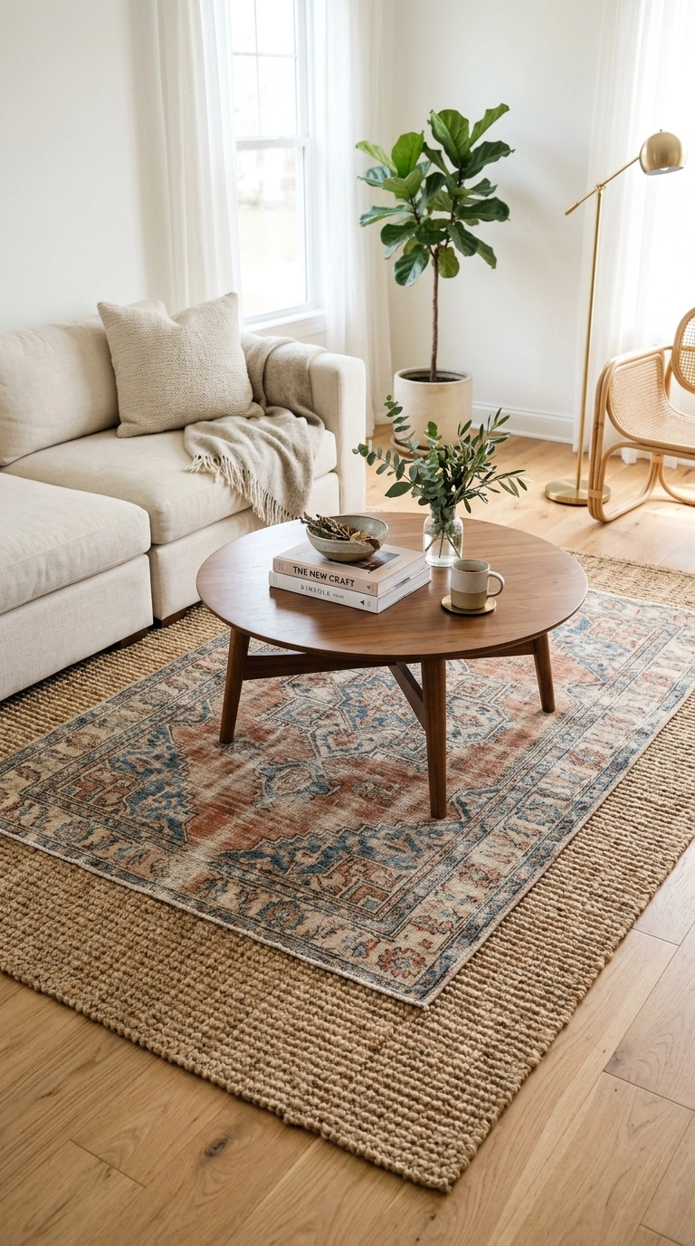 15 Stylish Living Room Trends for 2026 to Inspire Your Next Makeover 5 004 Layered Area Rugs A living room floor with a large