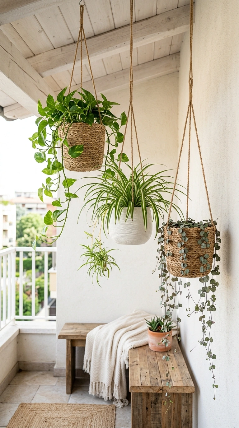 004 Layered Hanging Baskets A balcony ceiling with thr