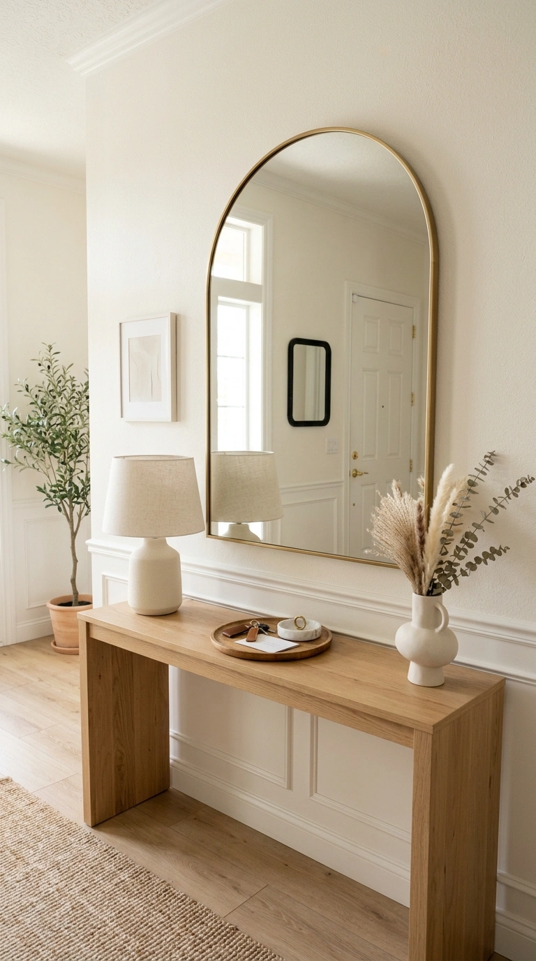 004 Mirror Above Table An entryway with an arched mirr
