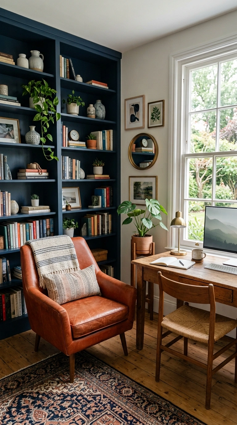 21 Colors That Pair Perfectly With Navy Blue 5 004 Navy And Rust A home office with navy blue bookshe