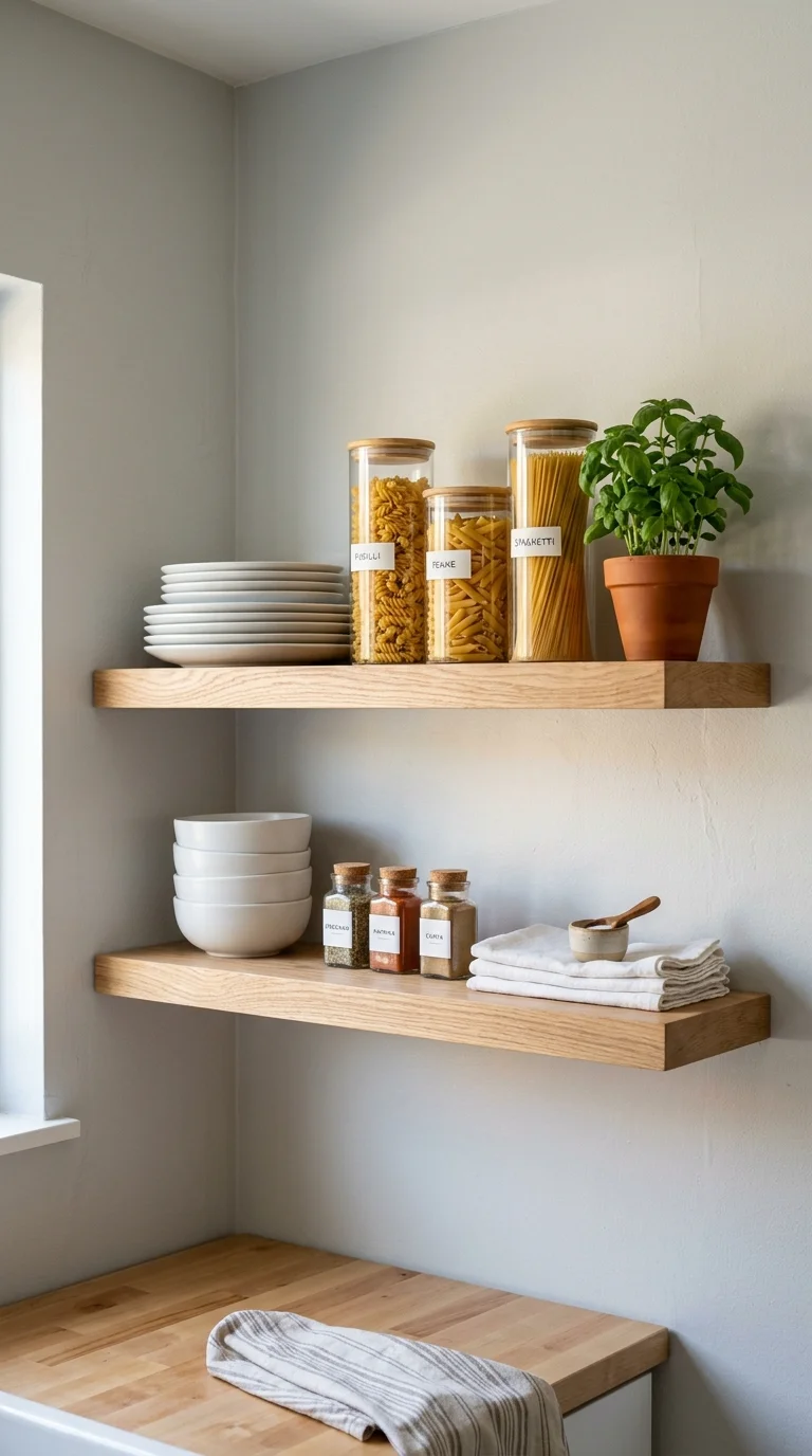 004 Open Corner Shelves A kitchen corner with two floa