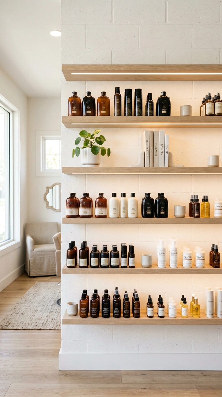 22 Stunning Beauty Salon Interior Design Ideas on a Budget 5 004 Open Shelving Display A salon retail wall with whi