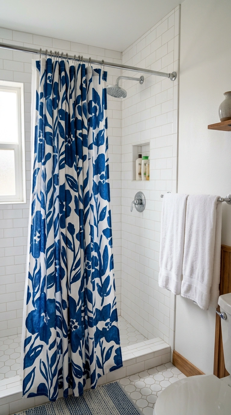 004 Patterned Shower Curtain A small bathroom shower a