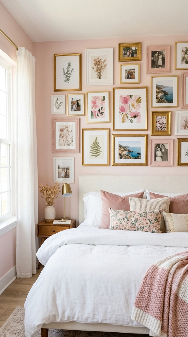 004 Pink Gallery Wall A bedroom wall styled with a gal
