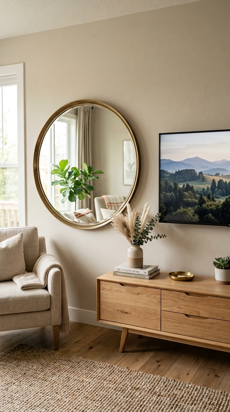 004 Statement Mirror Above A living room wall with a r