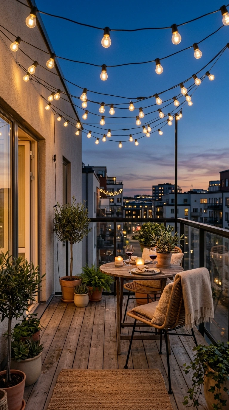 004 String Light Canopy A small balcony with warm whit