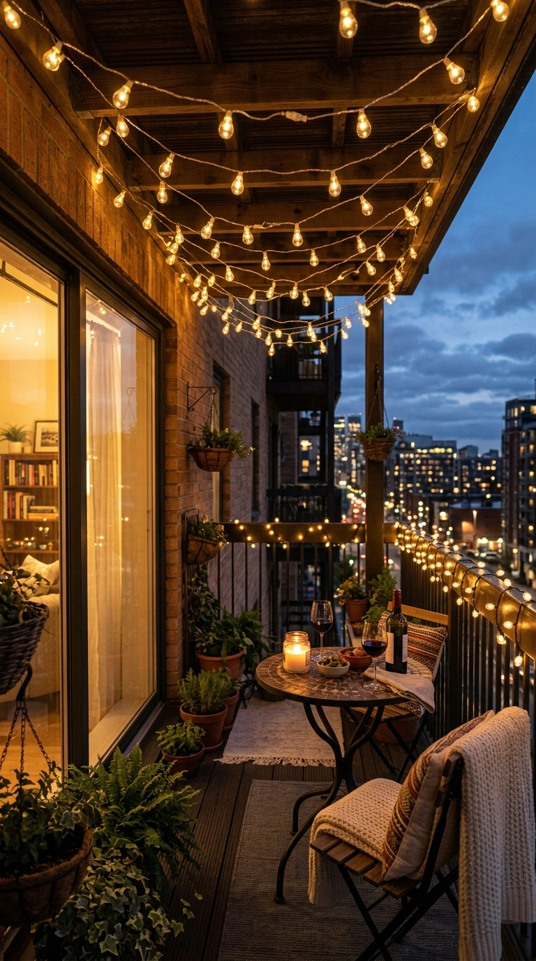 004 String Light Canopy An apartment balcony strung wi