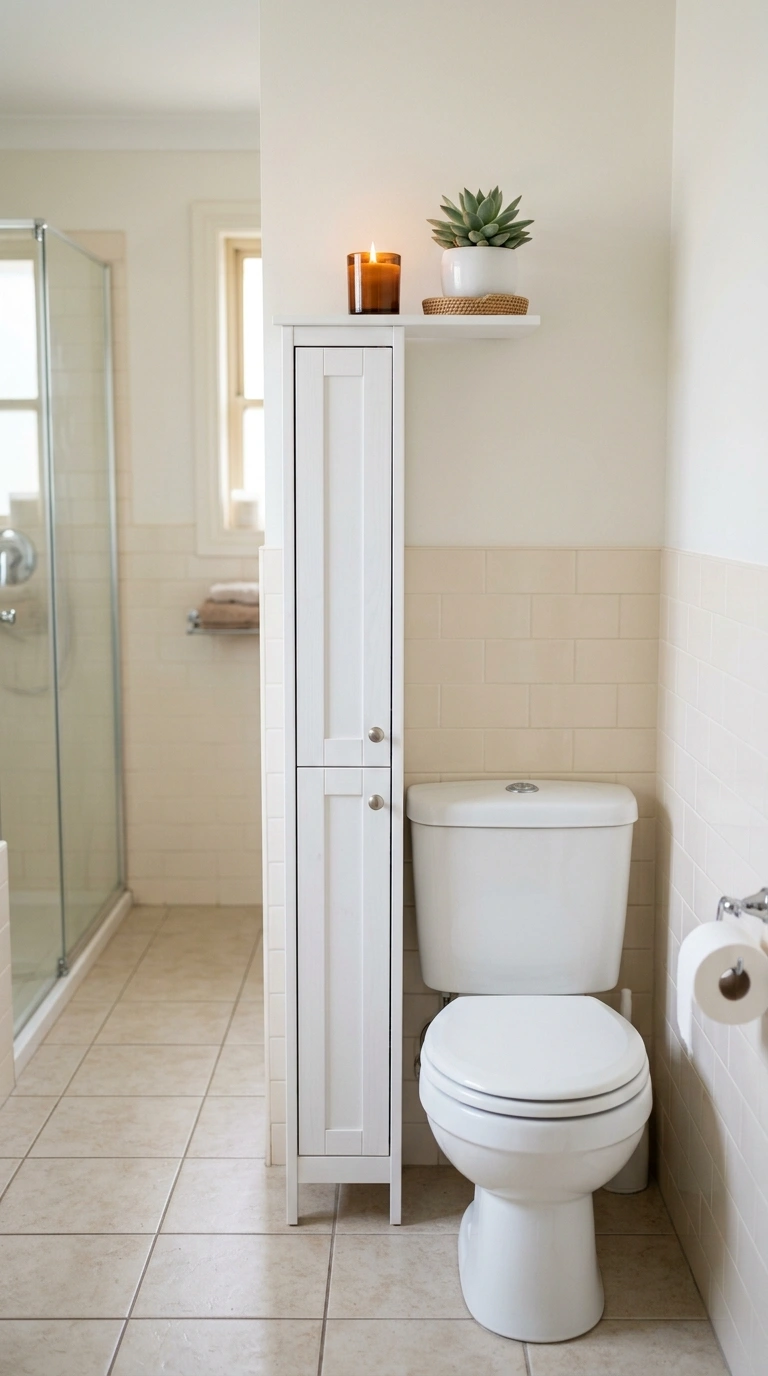 004 Tall Narrow Cabinet A bathroom with a slim white p