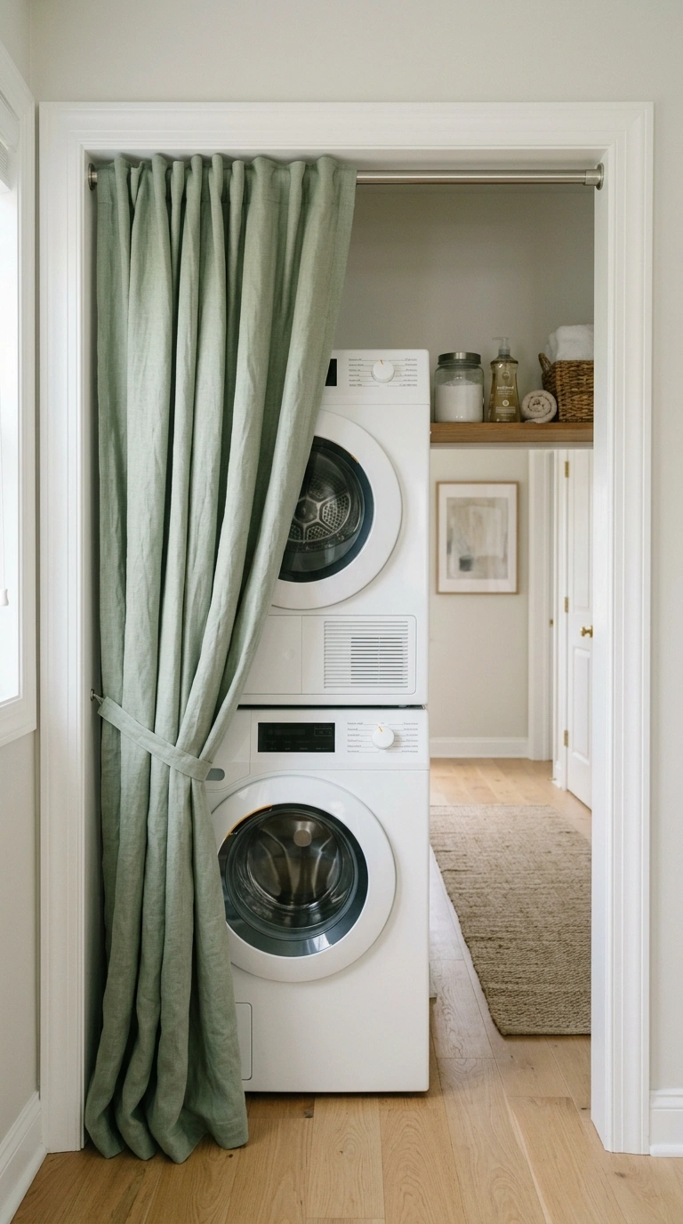 18 Inspiring Super Small Laundry Room Ideas for Apartment Renters 5 004 Tension Rod Curtain A laundry closet opening dress