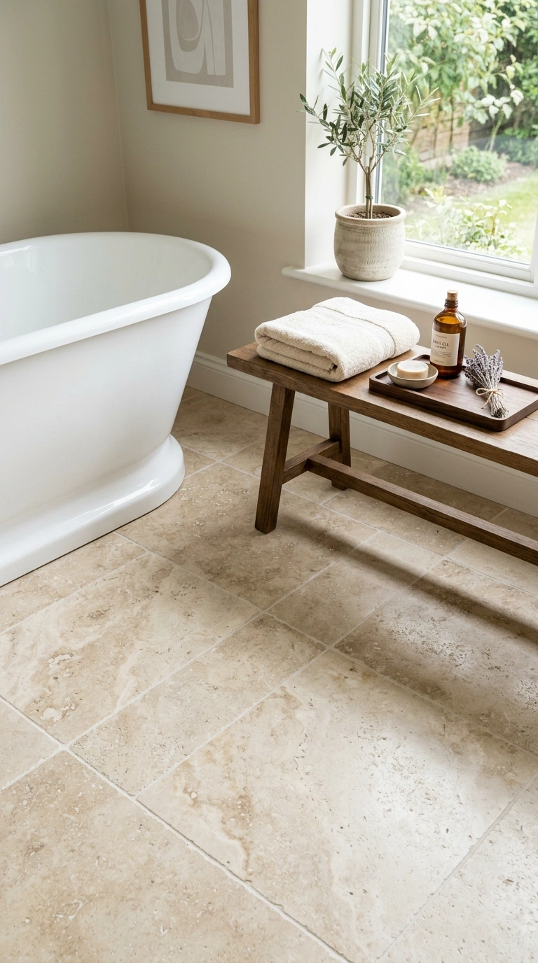 004 Travertine Tile Floor A bathroom floor of large ho