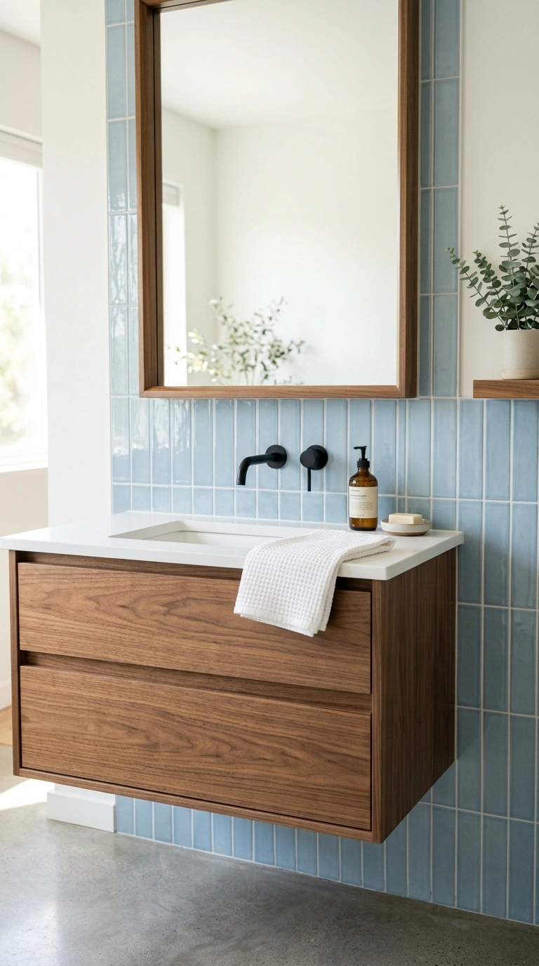 24 Bathroom Backsplash Ideas For Every Budget And Style 5 004 Vertical Stacked Tile A floating walnut vanity wit
