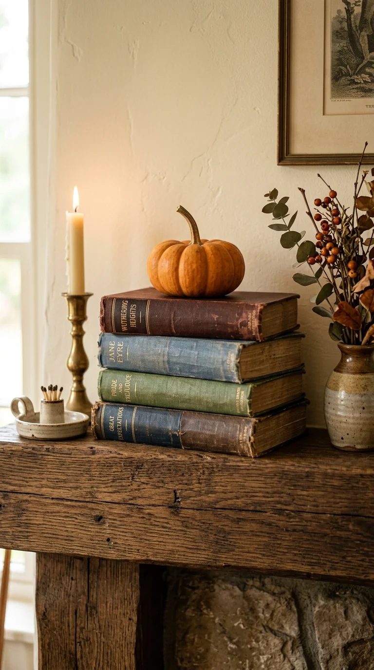 004 Vintage Books Stack A fireplace mantel with a stac