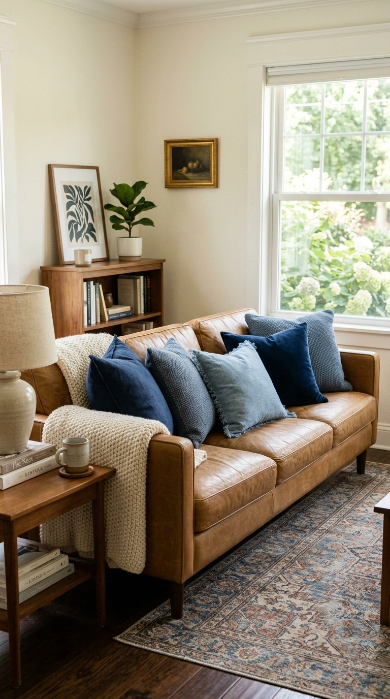005 5 Blue Throw Pillows A camel colored leather sofa