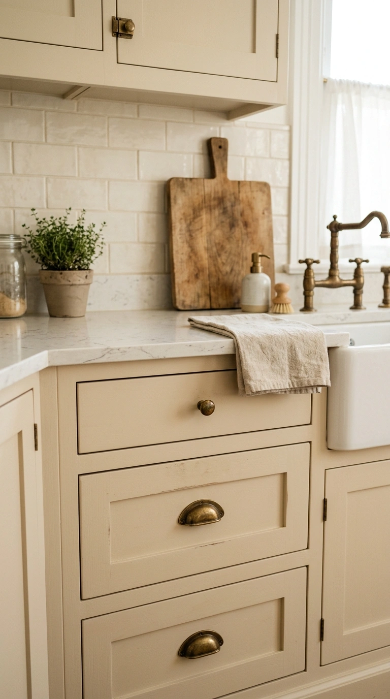 005 Aged Brass Hardware Cashmere kitchen drawers with
