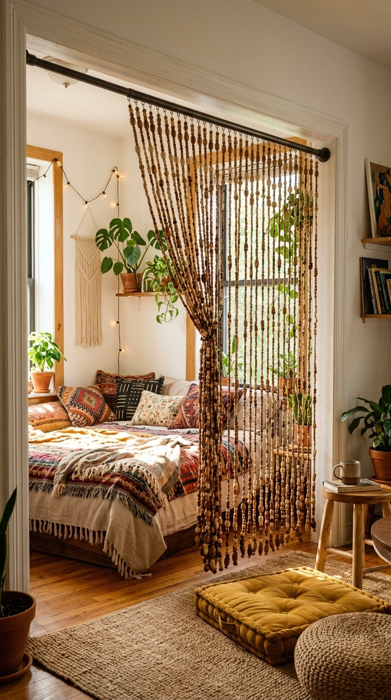 21 Smart Bedroom Divider Ideas for Stylish Studio Apartments 6 005 Bead or String Curtain A wooden bead curtain hangi