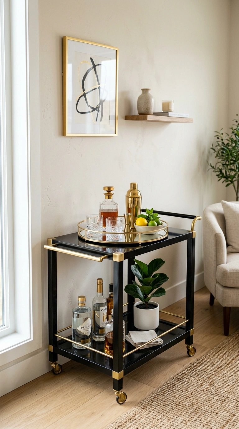 15 Modern Art Deco Home Decor Ideas for a Stylish Home 5 005 Black Gold Bar A home bar nook with a black lacque