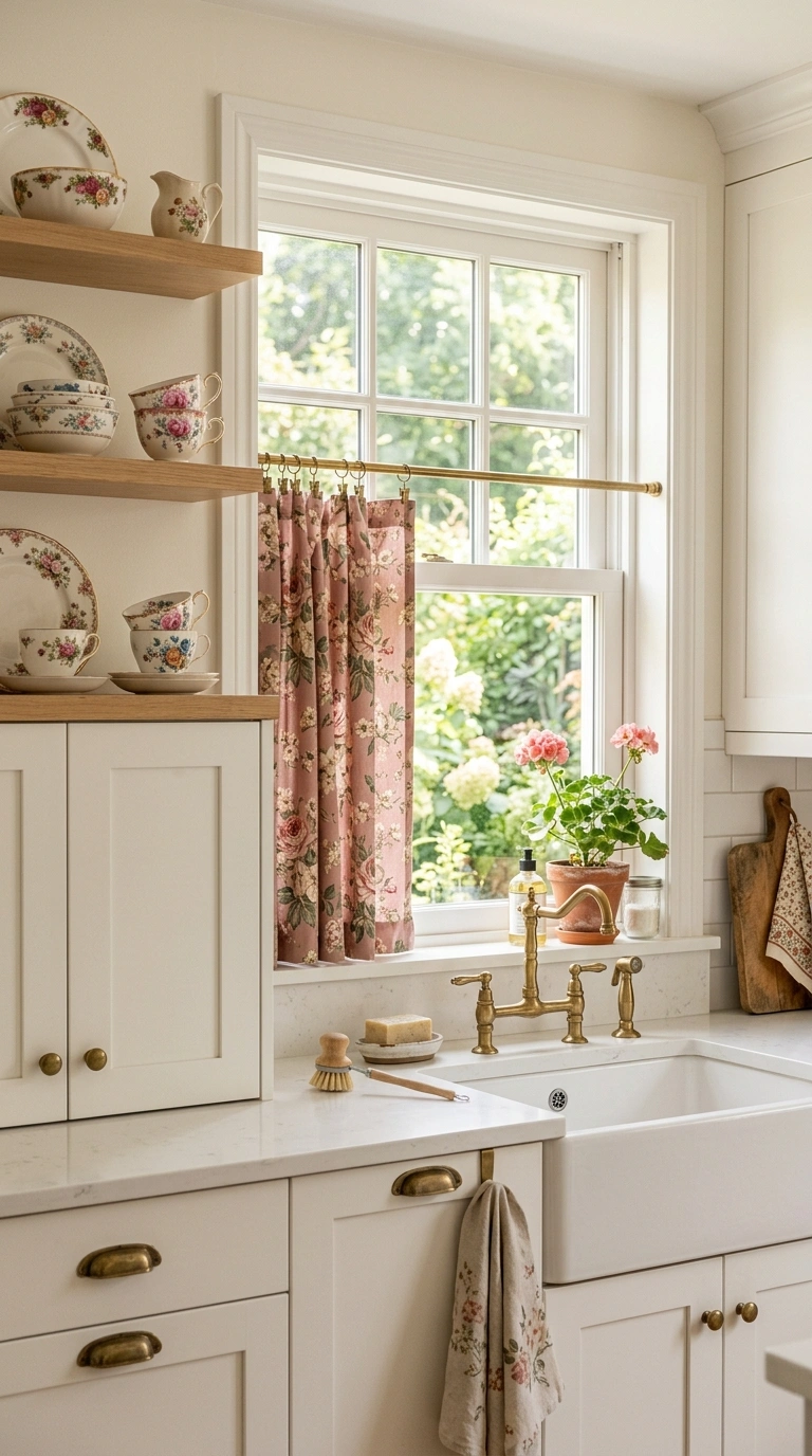 005 Bold Floral Print A kitchen sink window dressed wi