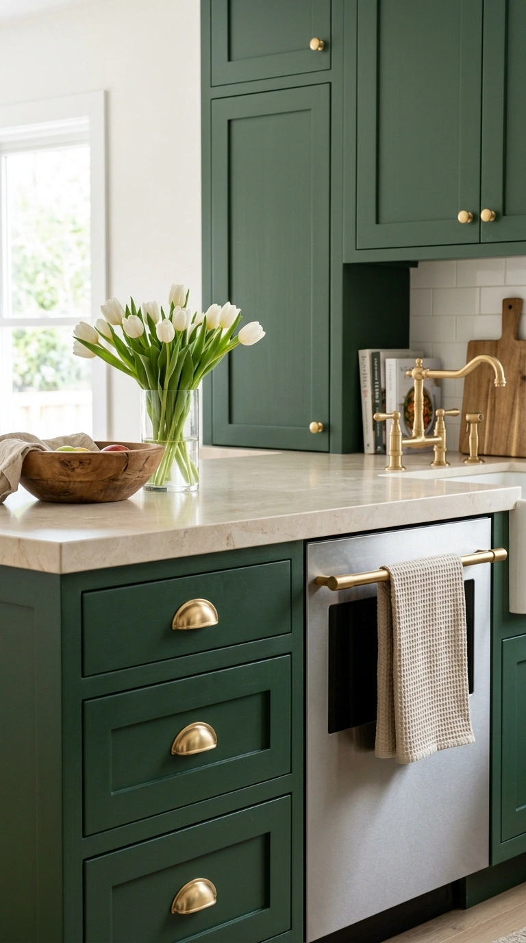 005 Brass Cabinet Pulls Deep green shaker cabinets wit