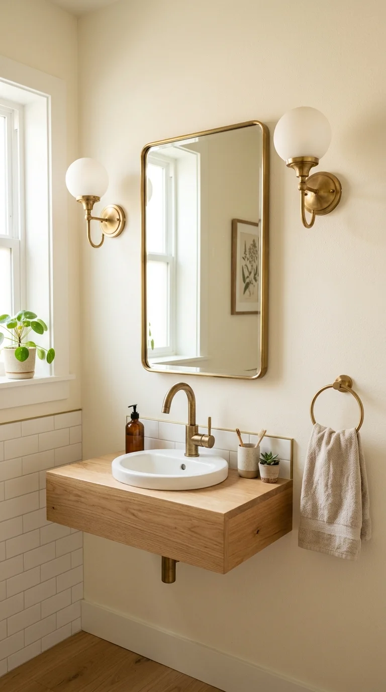 005 Brass Wall Sconces A powder room with a warm cream