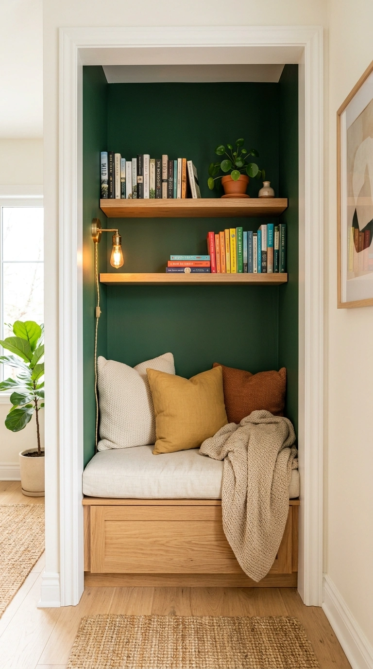 23 Simple Reading Nook Ideas You Can Set Up Today 6 005 Closet Reading Nook A former closet painted forest