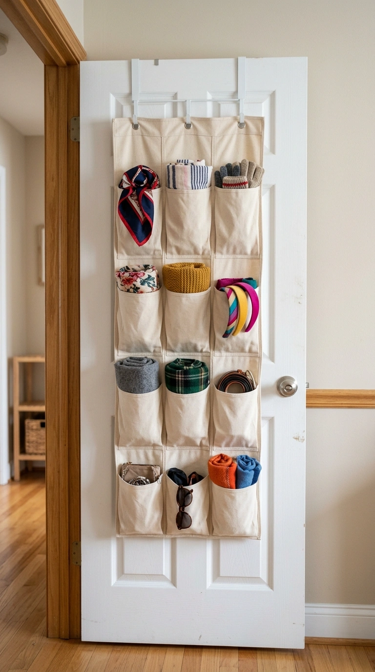 005 Door Mounted Organizer The back of a white closet