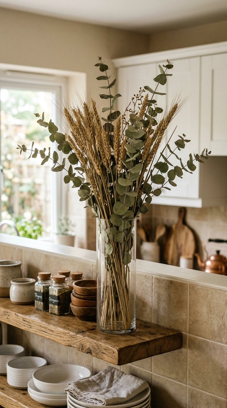 16 Gorgeous Fall Kitchen Ideas for a Warm and Cozy Home 6 005 Dried Wheat Bundle A tall glass vase filled with a