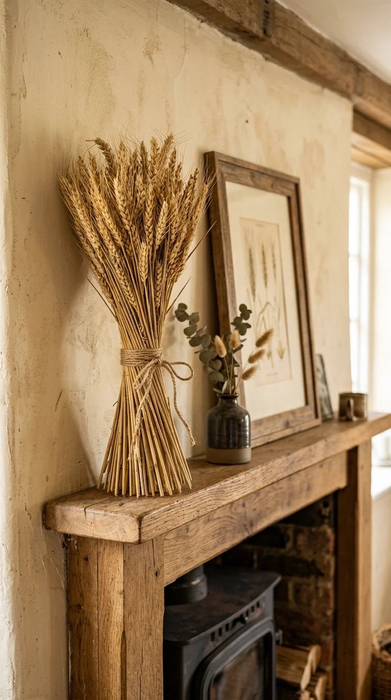 005 Dried Wheat Bundles A fireplace mantel with a bund