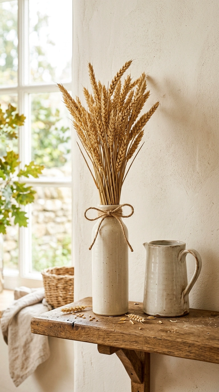 19 Trendy Fall Shelf Decor Ideas for Any Room 6 005 Dried Wheat Bundles A tall narrow vase holding a b
