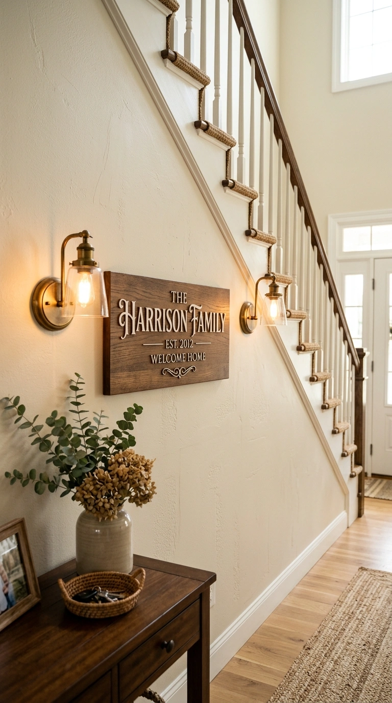 005 Family Name Sign An entryway staircase wall featur