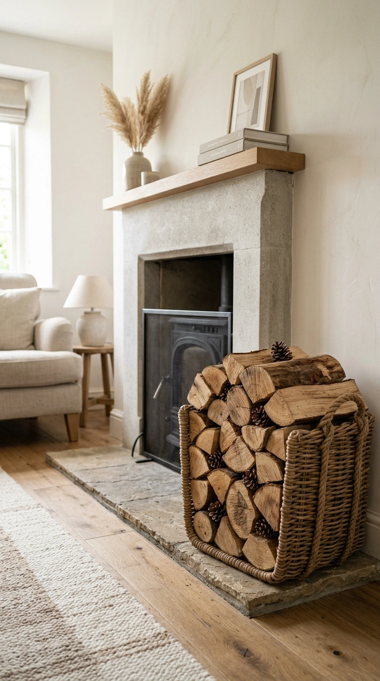 16 Beautiful Fall Basket Ideas to Add Seasonal Charm 6 005 Firewood Basket Display A living room hearth with