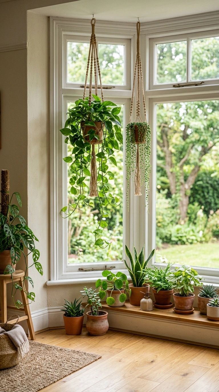 005 Hanging Plant Corner A bay window with two trailin