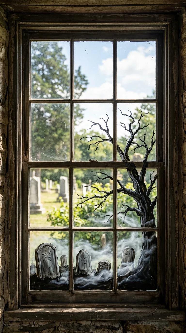 22 Halloween Window Painting Ideas to Make Your Home Stand Out 6 005 Haunted Graveyard Scene A large window painted wit