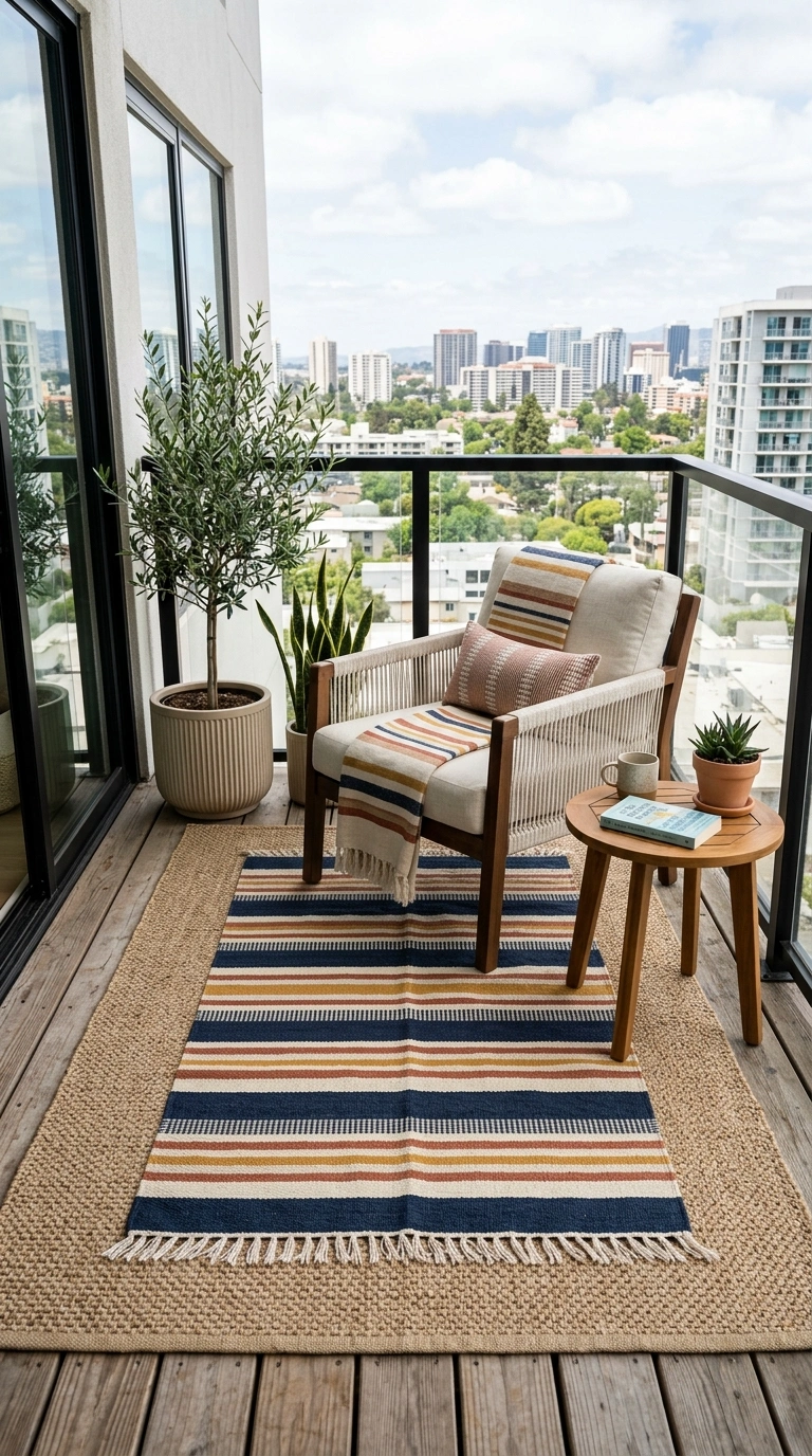 005 Layered Outdoor Rugs A balcony floor styled with a
