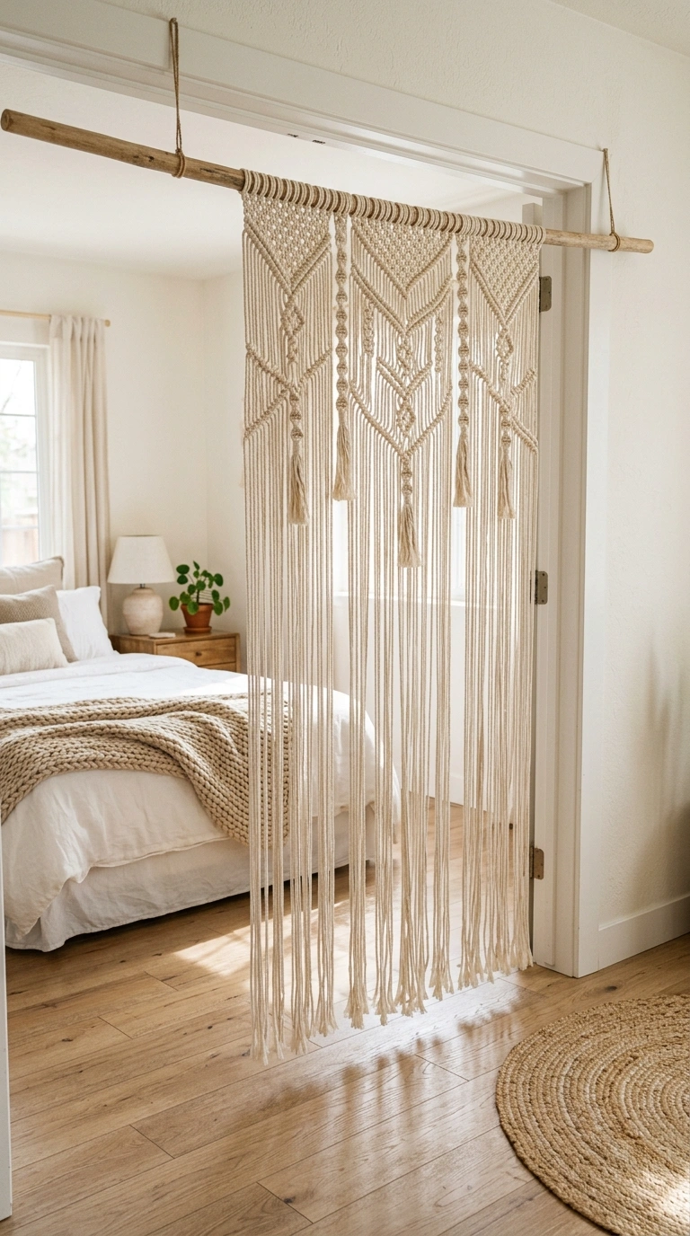 005 Macrame Fringe Curtain A cream cotton macrame curt
