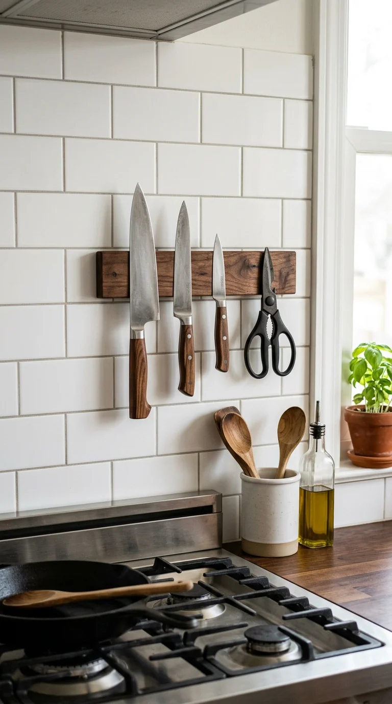 005 Magnetic Knife Strip A kitchen wall near a stove w