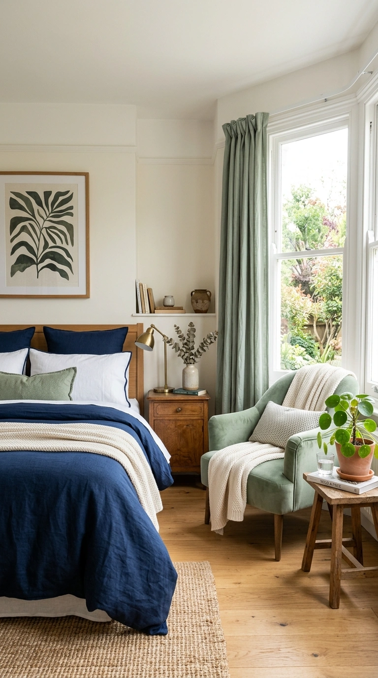 21 Colors That Pair Perfectly With Navy Blue 6 005 Navy And Sage A bedroom with navy blue bedding pai