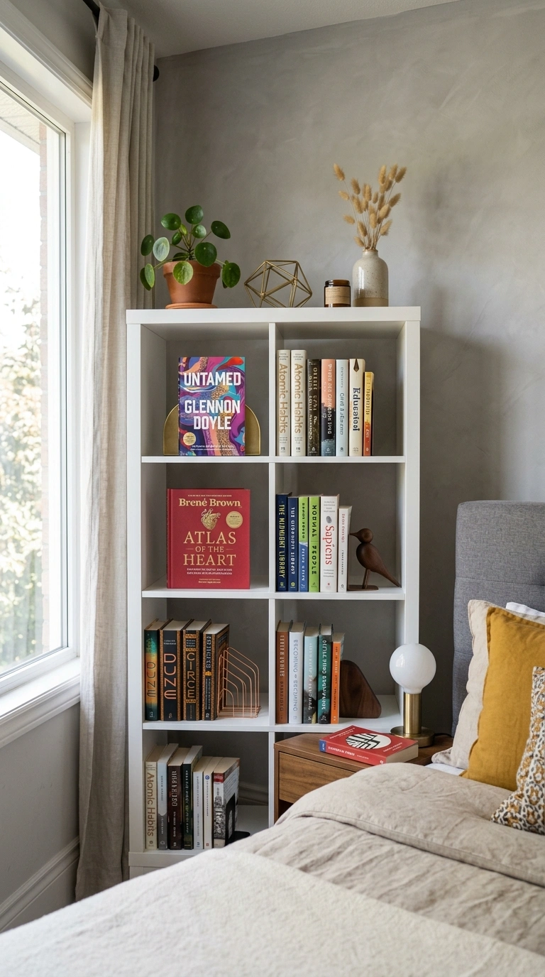 18 Genius IKEA KALLAX Bedroom Ideas That Transform Your Space 6 005 Open Book Display A Kallax shelf unit in a bedroom