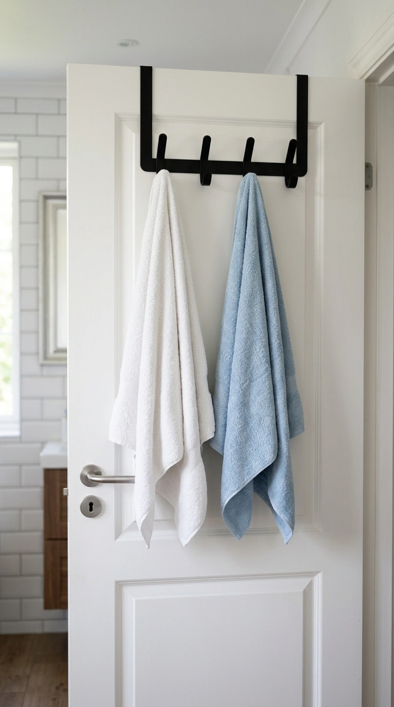 005 Over Door Hooks A white bathroom door fitted with