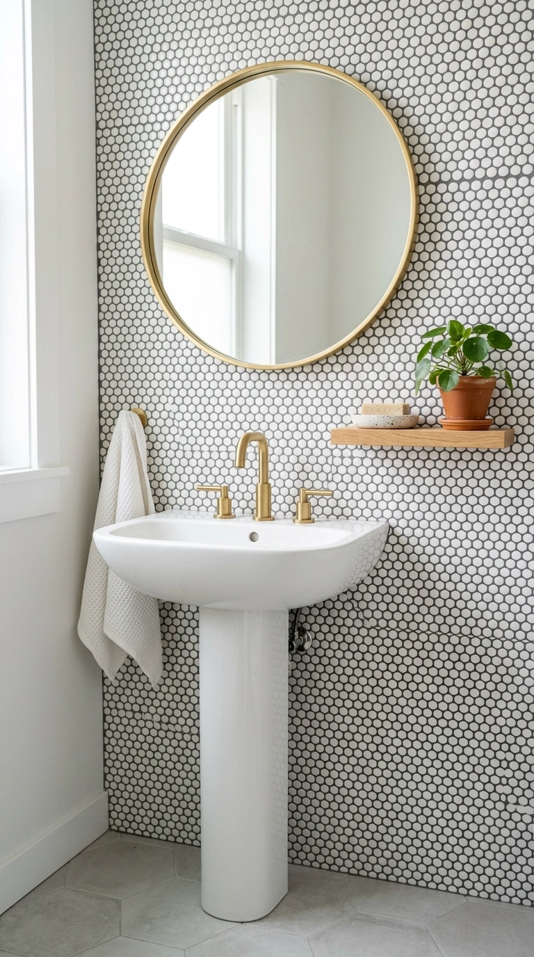 24 Bathroom Backsplash Ideas For Every Budget And Style 6 005 Penny Round Tile A pedestal sink in front of a wal