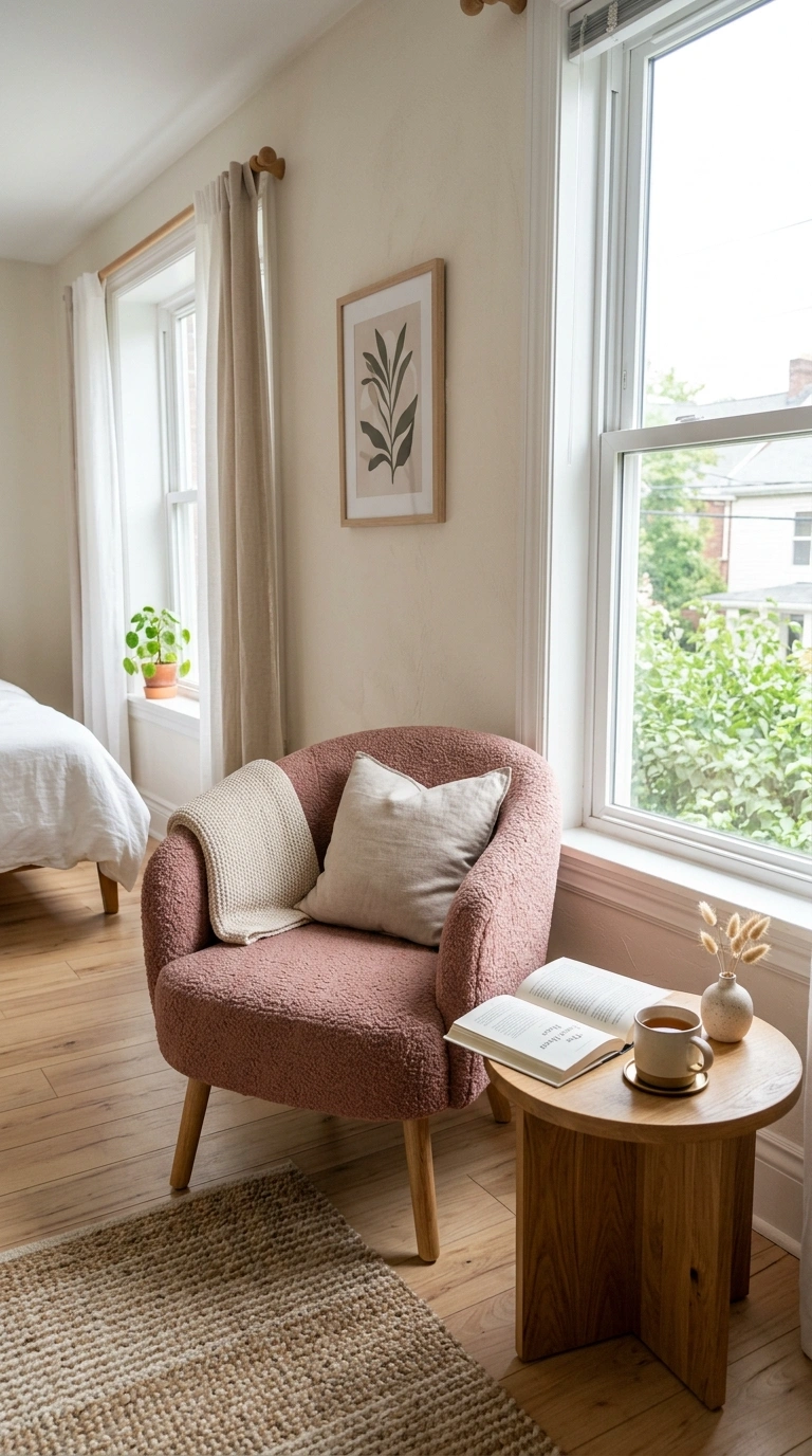005 Pink Accent Chair A bedroom corner with a dusty ro