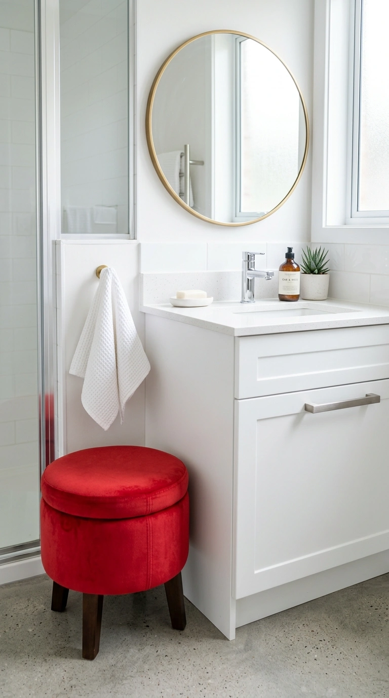 21 Bathroom Wall Decor Ideas for Black, Red & Chrome Themes + Smart Shower Storage 6 005 Red Vanity Stool A small red upholstered stool pla