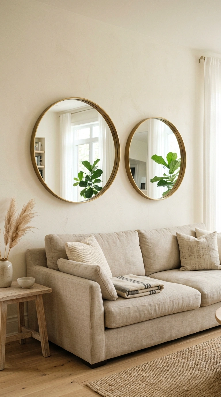005 Round Mirror Duo A living room with a neutral line