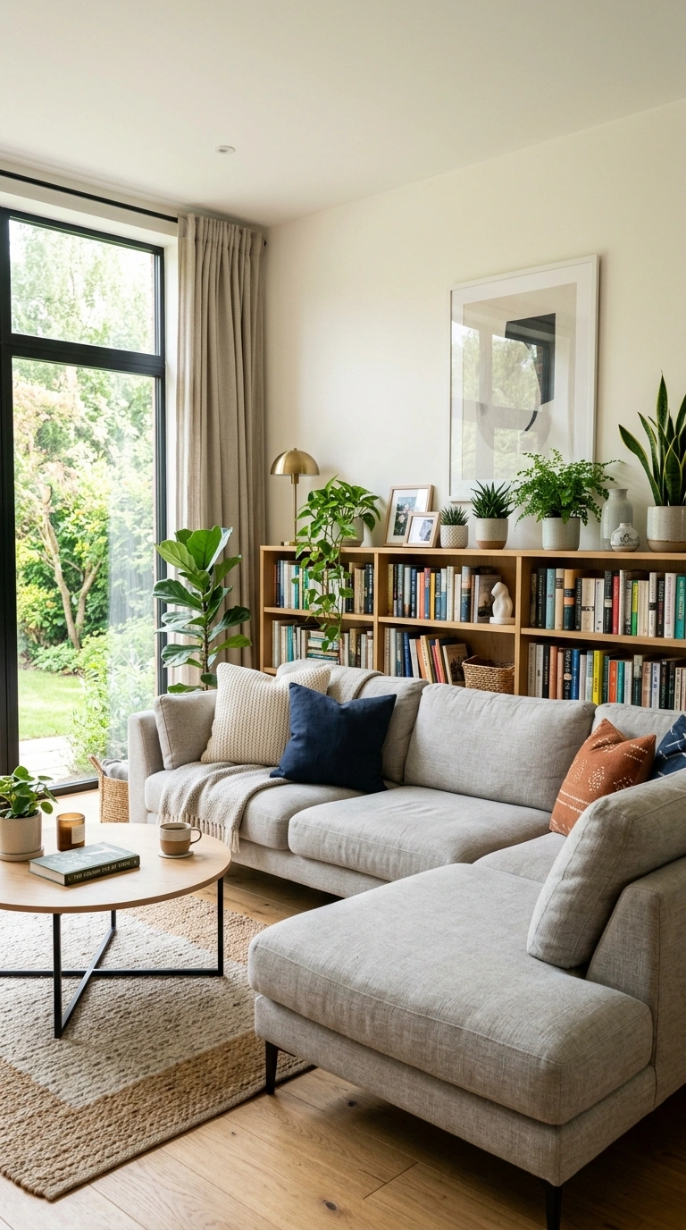 005 Sectional Against Bookshelf A living room with an 1 1
