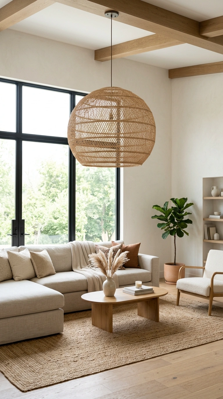 15 Stylish Living Room Trends for 2026 to Inspire Your Next Makeover 6 005 Statement Pendant Light A living room with an over