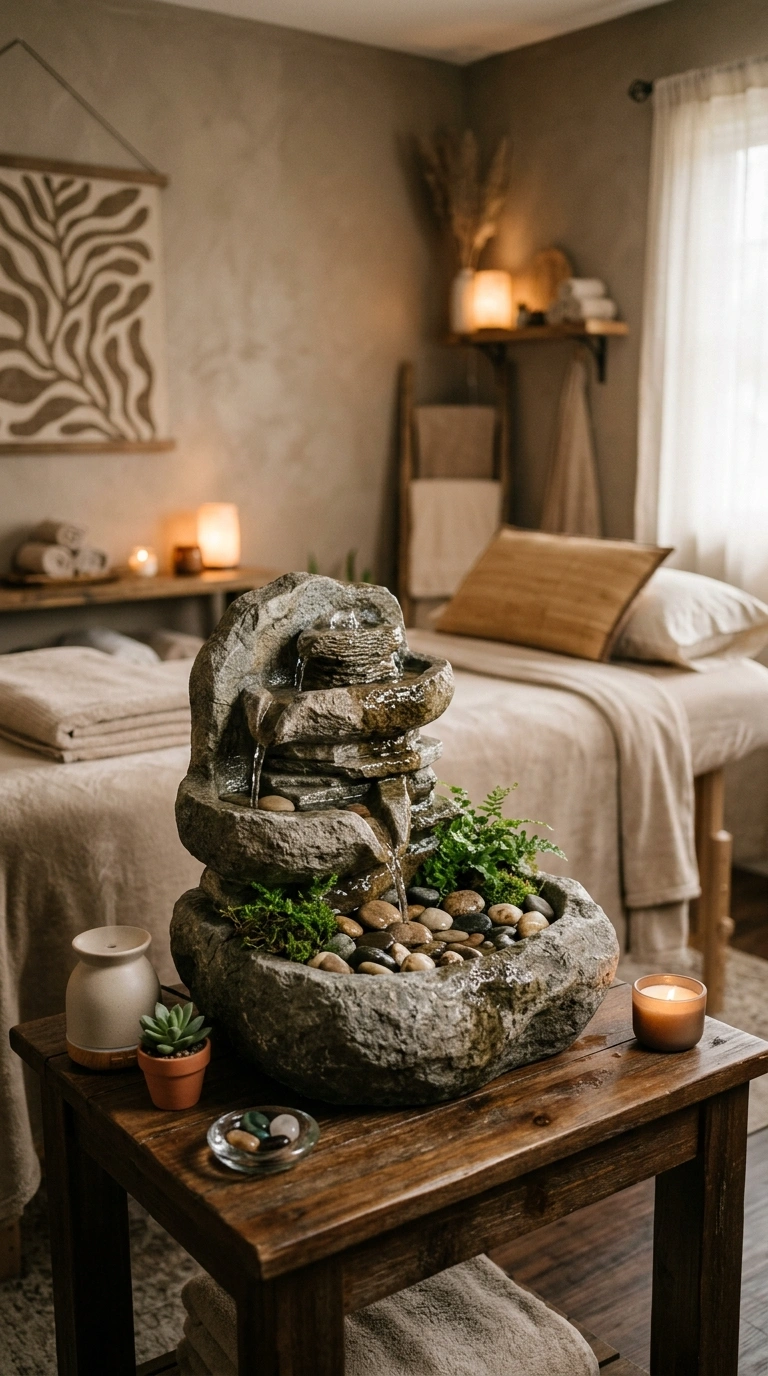 24 Dreamy Massage Room Ideas for Your Own Home Spa 6 005 Stone Water Feature A small carved stone tabletop