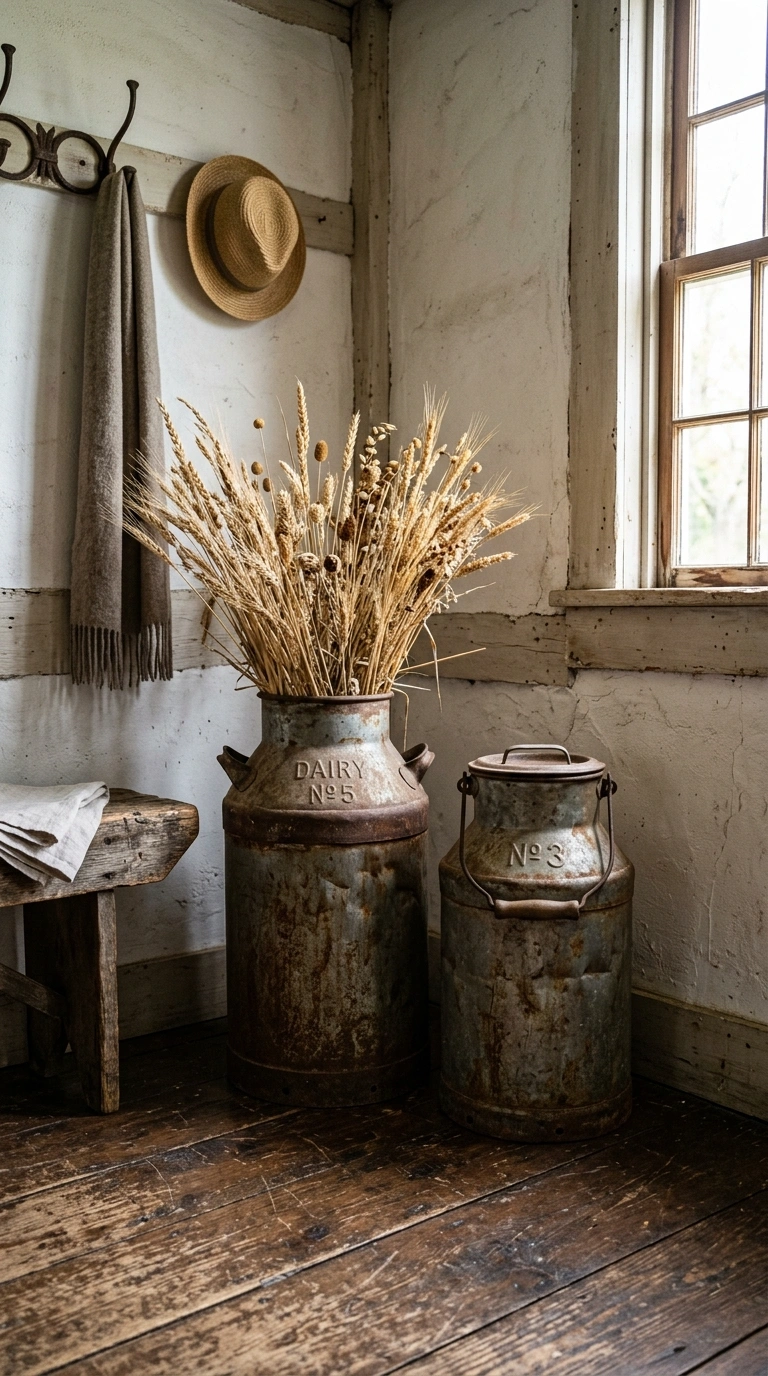 005 Vintage Milk Cans A rustic entryway corner with tw